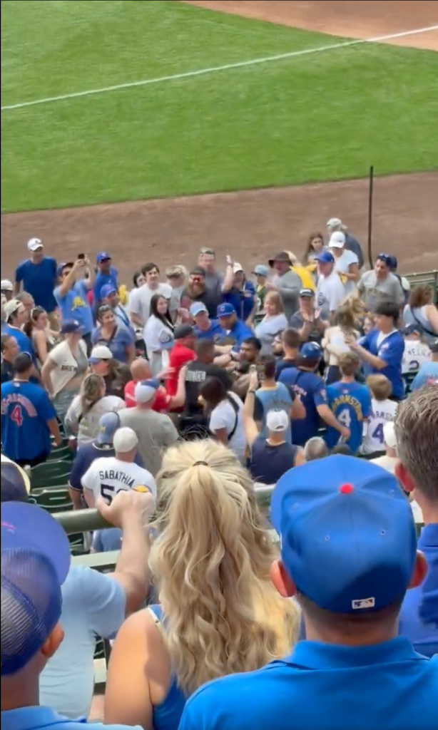 A crowd of baseball fans in stadium seats, some engaged in a physical altercation.